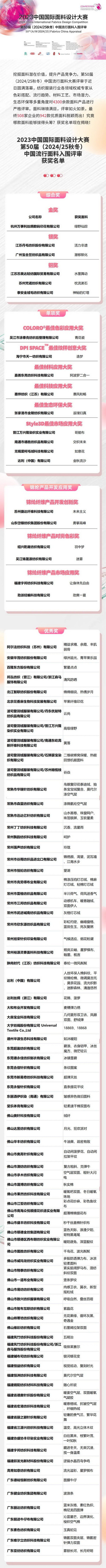 重磅揭曉！第50屆（2024/25秋冬）中國流行面料入圍評審獲獎名單公布！